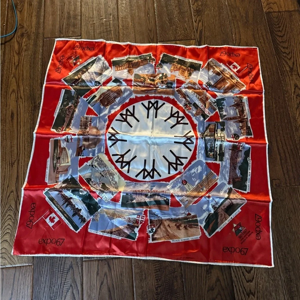 Exclusive Designed By World Products Montreal Expo 67 Red Silk Scarf Satin